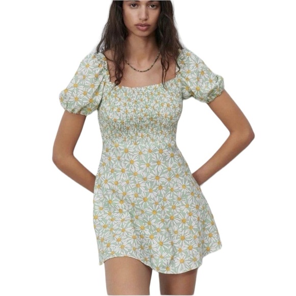 Zara Dresses & Skirts - Zara Linen Blend Floral Puff Sleeve Mini Dress Smocked Daisy Boho Prairie Fairy